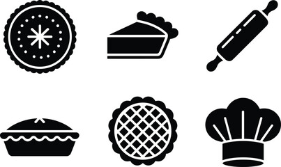 Pie icons set, baking symbols, chef hat, rolling pin, dessert graphics, pastry elements, black and white vector illustration