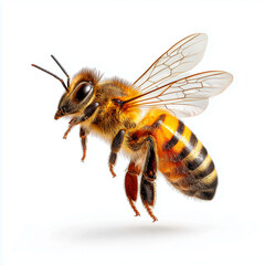 a flying honey bee isolated on a white background