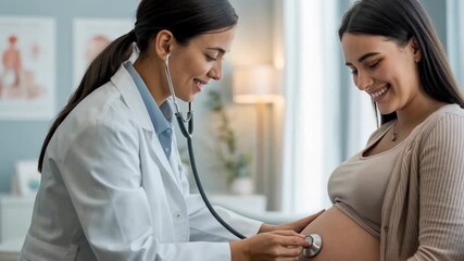 A caring doctor listens to the heartbeat of a pregnant woman with a stethoscope during a prenatal checkup in the clinic - Powered by Adobe