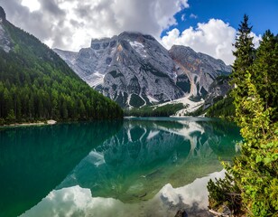 Majestic alpine lake reflecting mountains