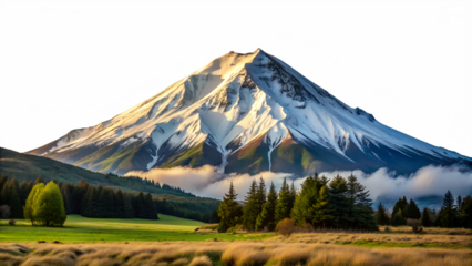 Majestic mount taranaki in new zealand, a snowcapped peak rising above lush green fields and forests, isolated on transparent background