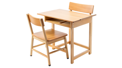 Classic wooden school desk and chair isolated on transparent background, a timeless design for education, study, and learning environments for students