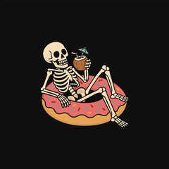 Skeleton Relaxing On Donut Float