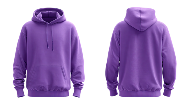 Front and back view of a solid purple hoodie