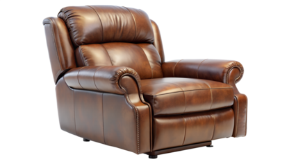 Brown leather recliner chair isolated on transparent background is a comfortable and stylish seating option for any living room or home theater