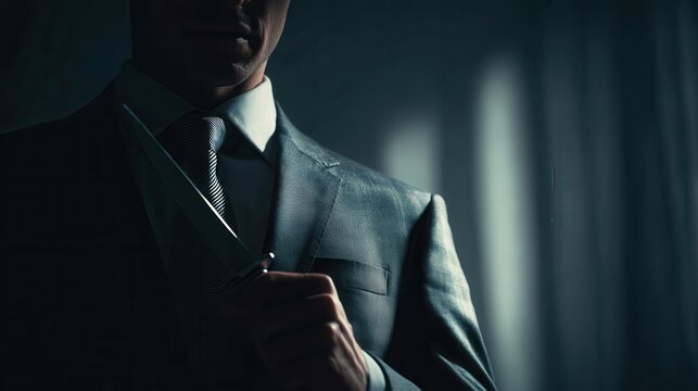 Mysterious Figure in a Tailored Suit: A sharp close-up captures a man in an impeccably tailored suit, his expression masked by shadow, with the subtle play of light.