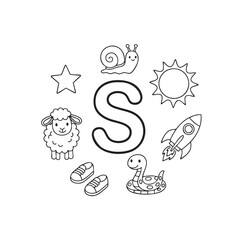 Black and white alphabet coloring page with letter S surrounded by snake snail sheep sun star shoes and rocket for kids learning and education