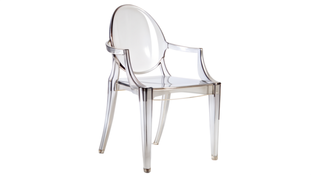 Stylish transparent chair isolated on transparent background, a modern and chic seating option for contemporary interiors and minimalist designs