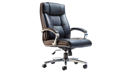 Comfortable black leather office chair isolated on transparent background, ideal for executive use, providing ergonomic support and a touch of sophistication