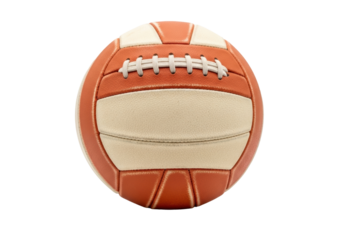 Vintage-style volleyball, muted orange and cream panels, distressed texture, white lacing, transparent background, high-key lighting, ample copy space, nostalgic summer beach memories