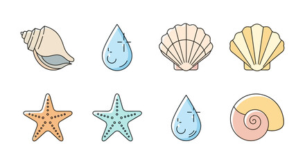 Illustration Art Vector Set with Seashell Starfish and Water Drop Elements in a Modern Style