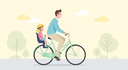 Vector Illustration of Father Daughter Biking Scene Flat Design Family Time Outdoor Activity Green Bike