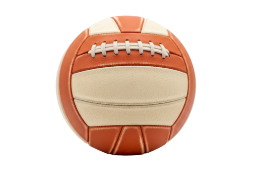 Vintage-style volleyball, muted orange and cream panels, distressed texture, white lacing, transparent background, high-key lighting, ample copy space, nostalgic summer beach memories