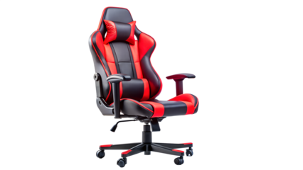 Ergonomic gaming chair isolated on transparent background red and black racing style chair with adjustable armrests and headrest for comfortable gaming sessions