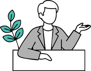 Minimalist Man in Gray Suit Presenting with Open Hand Gesture