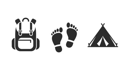 Icon Set Vector Featuring Backpack Footprints and Tent Simple Monochrome Icons for Outdoors Recreation Travel Minimalist Design