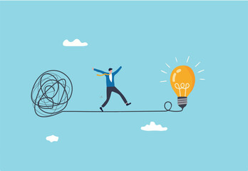 Simplify idea to find solution, thinking process or creativity to solve problem, discover easy way to understand concept, smart businessman walking away from mess chaos line to simple lightbulb idea.