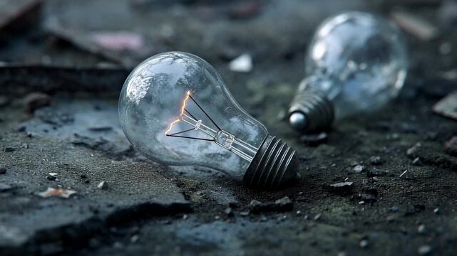 Light bulb manufacturing decline concept showing old glowing filament bulbs rough glass surface with electricity industry change