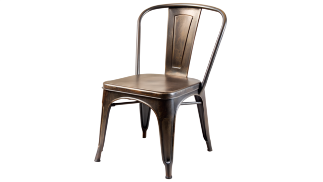 Industrialstyle metal chair isolated on transparent background, featuring a rustic bronze finish and minimalist design for modern spaces