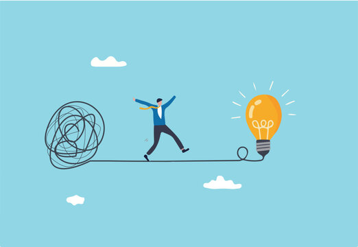 Simplify idea to find solution, thinking process or creativity to solve problem, discover easy way to understand concept, smart businessman walking away from mess chaos line to simple lightbulb idea.