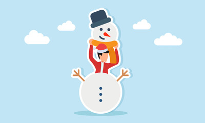 Man in red outfit with Santa hat emerging from snowman lifting its head illustration for Christmas holiday celebration appreciation