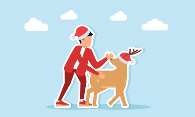 Man in red outfit with Santa hat holding a reindeer wearing Christmas hat illustration for holiday celebration appreciation
