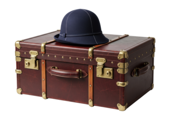 Vintage burgundy leather steamer trunk with brass accents, and indigo cloche hat, isolated on transparent background, softbox high key lighting, nostalgic vintage travel items concept