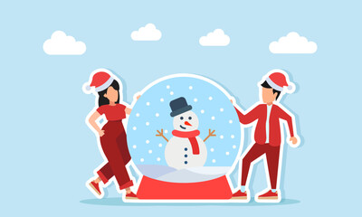 Man and woman in red outfits with Santa hats standing near Christmas snowman decoration illustration for holiday celebration appreciation