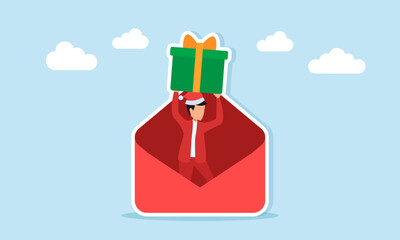 Man in red outfit with Santa hat emerging from envelope holding bell or Christmas ornament illustration for holiday celebration appreciation