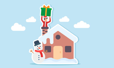 Man in red outfit with Santa hat emerging from house chimney lifting a gift near snowman illustration for Christmas holiday celebration appreciation