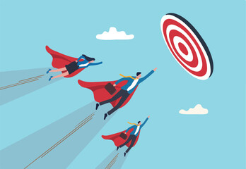 Team target, teamwork or professional aiming and reach business goal, work achievement, cooperation to success, leadership or challenge concept, business people superhero fly to reach target bullseye. © Premium Shop