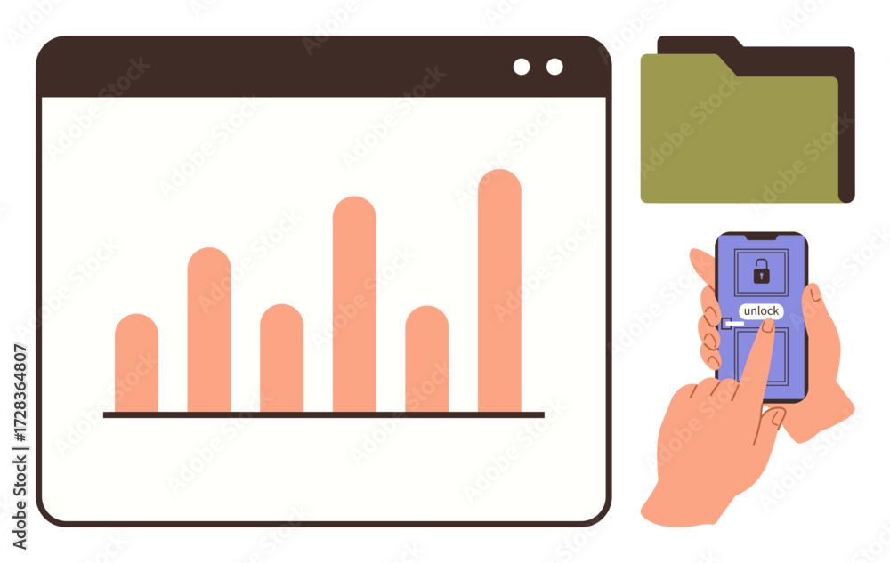 Poster bar chart in a browser window, smartphone unlocking process, and folder management. ideal for analyt