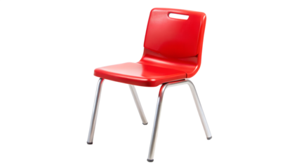 A vibrant red school chair stands isolated on transparent background, showcasing its simple design and sturdy construction for educational environments