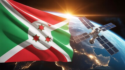 Burundi flag waving with satellite orbiting earth against a bright sunrise