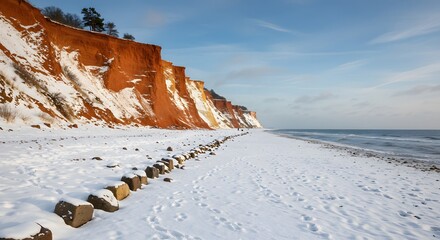 Snowy beach and red cliffs