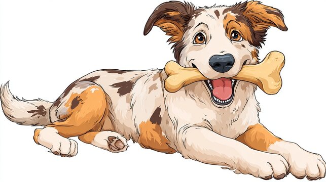 A happy, playful dog lies down, holding a bone. It has white and brown fur with brown eyes