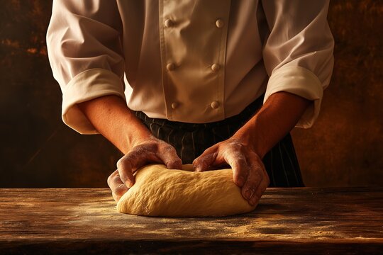 Chef kneading dough on table, isolated black background, close-up low-angle side profile, for food industry commercial use and culinary media.
