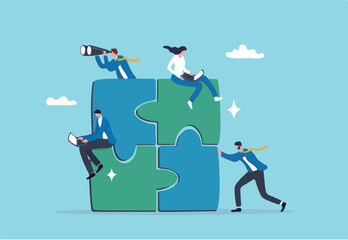 Project team collaboration, teamwork, partnership or coworker working together to solve problem and achieve success, cooperation concept, businessman woman colleague working together on jigsaw puzzle.