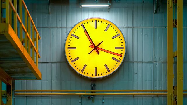 Large yellow clock industrial manufacturing metal structure wall bright lighting decline activity inside facility time showing