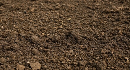 Rich, dark, fertile soil texture with visible organic matter and fine particles, perfect for agricultural and gardening backgrounds, showcasing natural earthiness and growth potential.
