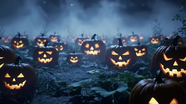 Eerie nighttime view of a haunted pumpkin patch where dozens of carved jack-o'-lanterns glow ominously through the thick, rolling fog