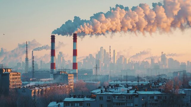 Industrial manufacturing decline causes heavy smoke pollution over city skyline winter sunrise sunset chimney factory winter