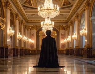 Naklejka premium Mysterious Silhouette Standing in Grand Ornate Hallway with Chandeliers.