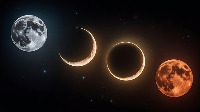 Phases of the moon depicted in a sequence against a dark starry background