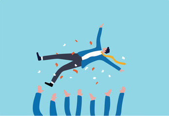 Job promotion celebration, winning prize, success in work or goal achievement congratulation party concept, joyful company colleagues throwing their happy boss into the air celebrating team success.