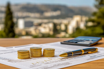 Stacked coins with an upward arrow on financial documents, symbolizing growth and investment strategies, set against a blurred urban background with greenery