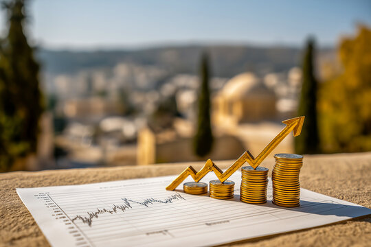 Stacked coins with an upward arrow on financial documents, symbolizing growth and investment strategies, set against a blurred urban background with greenery