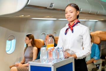 Airhostess service by cart of drinking for serve to all passenger in business class on airplane to travel or business trip.