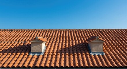 Warm terracotta roof tiles gleam under a clear blue sky, showcasing classic Mediterranean architecture and inviting sunlit warmth for a serene, timeless aesthetic.