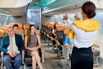 Scene of Professional service safety airline demonstration by airhostess to show all passenger know to do when accident happen on airplane.